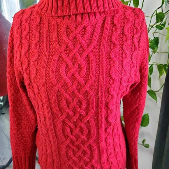 EDDIE BAUER | Turtleneck Cableknit Ribbed Hem Long Sleeve Red Sweater (Size M) - Picture 4 of 12